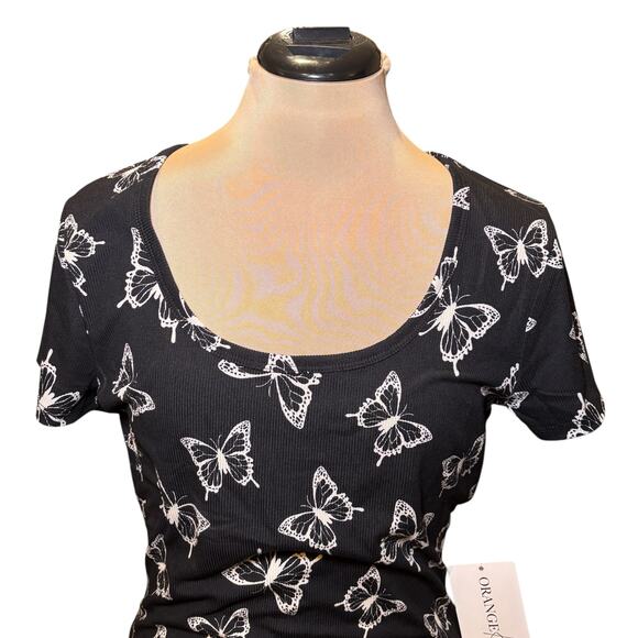 NWT Ribbed Butterfly Scoop Neck Top Size 1X Black & White Short Sleeves - Picture 2 of 8
